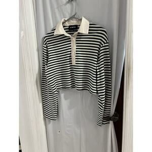 Revolve All The Ways Green Cream Long Sleeve Cropped Polo Shirt Sz Xs